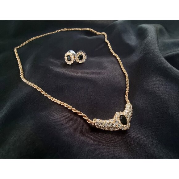 Vintage ROMAN Signed Faux Emerald Clear Rhinestones Gold Tone Set - Picture 2 of 7